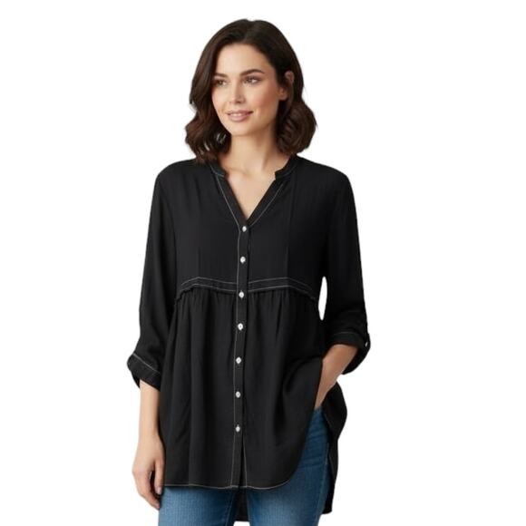 ZARA Dress Tunic M Black Denim Viscose Oversized Button Down Topstitched Z1975 - Picture 3 of 10